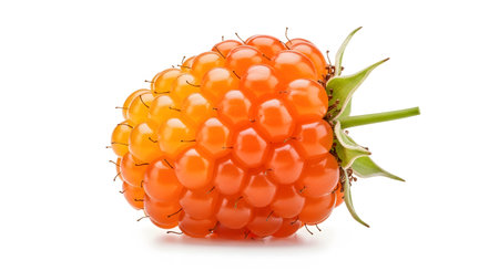 Orange showing bright orange raspberry fruit with green sepals isolated on white background....