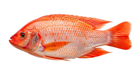 A whole tilapia fish with vibrant orange hues and detailed scales is presented on a white...の写真素材
