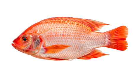 (2457) showing bright orange red tilapia fish with detailed scales and fins isolated on a white...の写真素材