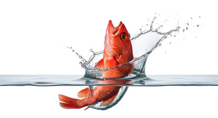 A bright red fish with an open mouth splashes into clear water, creating a dynamic crown and...の写真素材