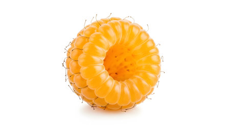 A single bright yellow raspberry is shown against a white background, revealing its segmented...