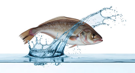 Fish showing brown and pink fish leaping from water with large splash.の写真素材