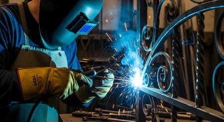 Helmet showing close-up of a welder in a helmet and yellow gloves creating bright blue sparks...