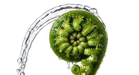 A detailed close-up of a green fern frond in a spiral shape, with water droplets and a curving...