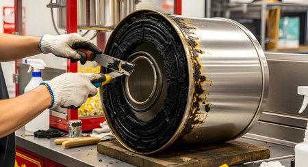 Stock showing close-up of hands wearing gloves cleaning black from inside a cylindrical metal....