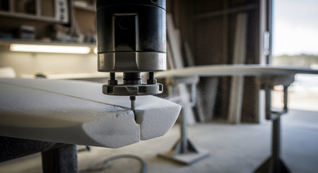 Stock showing close-up of a router bit cutting into a surfboard blank in a workshop setting....