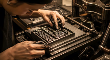 Type showing close-up of hands setting metal letterpress type into a composing stick with ink...