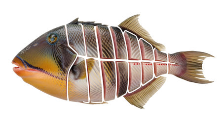 Triggerfish showing colorful triggerfish sliced into portions showing pink and white meat...