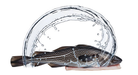 Stock showing cod fish with spotted pattern under a clear water splash arc. resolution...