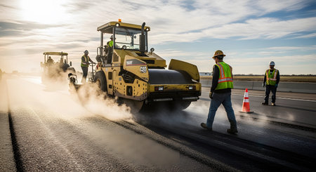 Stock showing construction workers and steamroller paving asphalt on a highway. resolution...