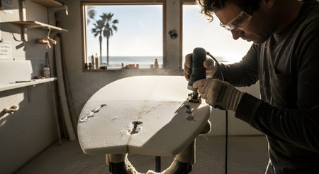 Stock showing craftsman wearing safety glasses and gloves shaping a surfboard with a router...の写真素材