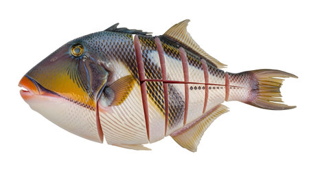 A vibrant triggerfish with colorful scales, cut into sections revealing its reddish-pink flesh...