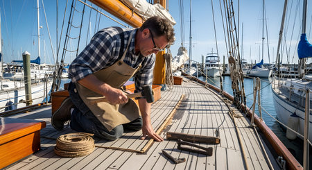 A man with glasses repairs a wooden sailboat deck using a hammer and tools, surrounded by masts...
