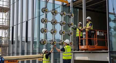 Construction showing construction workers install large glass panels on a modern building using...