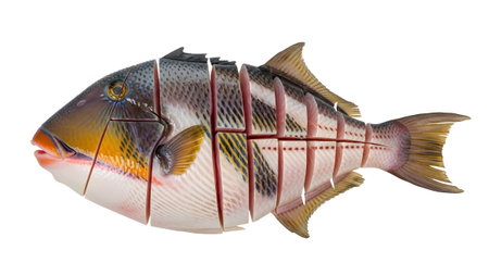A whole triggerfish is precisely sliced into ten portions revealing raw pink flesh and colorful...の写真素材