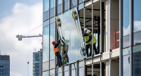 Two men in safety vests and helmets carefully install a large glass panel on a building exterior.