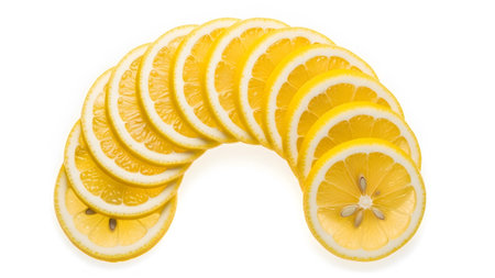 (464) showing curved arrangement of yellow lemon slices with seeds and white rind on white...の写真素材