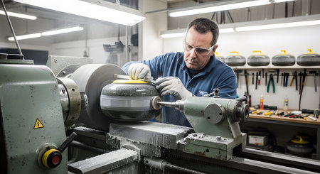 Stone showing craftsman polishing curling stone handle on lathe in workshop setting.