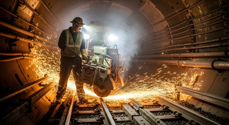 Stock showing construction worker using a grinding machine on railway tracks in a dark tunnel...の写真素材