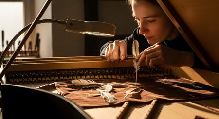 Light showing craftsman meticulously preparing quills for harpsichord repair under bright lamp...