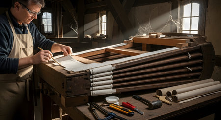 A man in an apron meticulously works on a large wooden bellows in a dimly lit, dusty workshop...