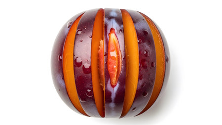 A dark purple plum fruit is sliced vertically, showcasing its vibrant orange flesh and...