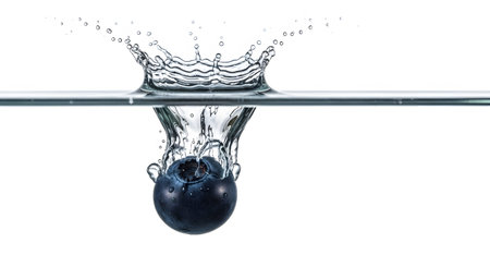 A dark blue blueberry descends into clear water, producing a dramatic splash and ripples.