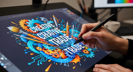 Digital showing designer working on a digital tablet with a colorful creative trade.