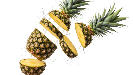 Stock showing falling sliced pineapple with water splashes and green tops on white background....の写真素材