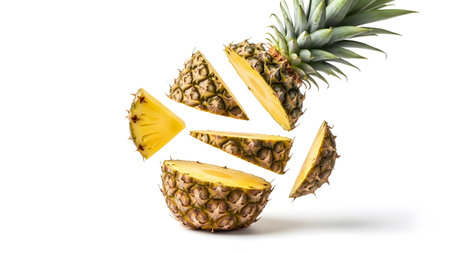 Stock showing exploded view of a ripe pineapple with segments and slices on white background....
