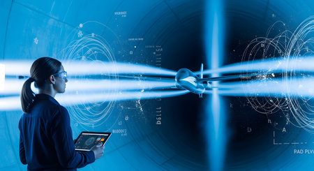 A woman in a blue shirt and glasses holds a tablet, observing a drone in a blue, futuristic wind...