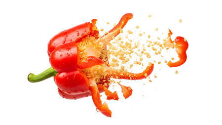 showing exploding red bell pepper with seeds and water droplets on white background.の写真素材