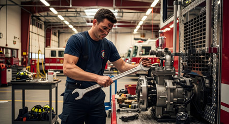 (3016) showing firefighter mechanic with wrench repairing pump mechanism of fire truck in garage...の写真素材