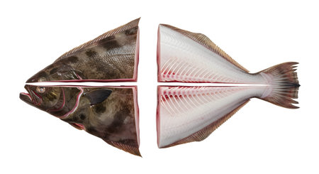 Stock showing flounder fish cut into four pieces on a white background showing skin and flesh....