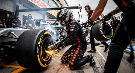 Stop showing formula 1 pit crew member changing tire with sparks flying during fast pit stop...