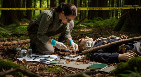 Stock showing forensic scientist collecting evidence at a simulated crime scene in a dense...