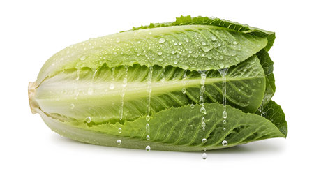 Head showing fresh romaine lettuce head covered in water droplets on a white background.の写真素材