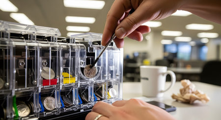 Sorting showing hand using tweezers to sort coins in a clear plastic coin sorting machine with a...