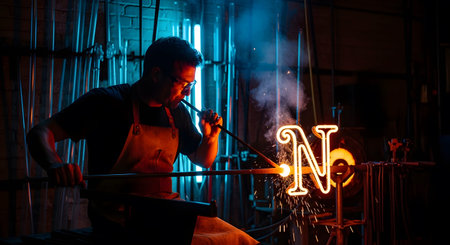 Glassblower showing glassblower shaping a neon letter n with a blowpipe in a dimly lit workshop....