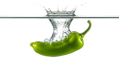 Crown showing green chili pepper splashing into clear water creating a crown splash and droplets...の写真素材