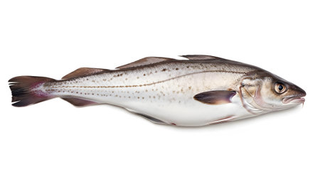 Category: showing fresh whole atlantic cod fish with spotted skin and fins isolated on white...