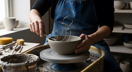 Close-up of a potter's hands using a wire tool to shape a ceramic bowl on a spinning pottery wheel.の写真素材