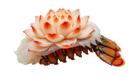 A sculpted lobster tail adorned with a delicate orange-tipped lotus flower and white flesh, on a...の写真素材