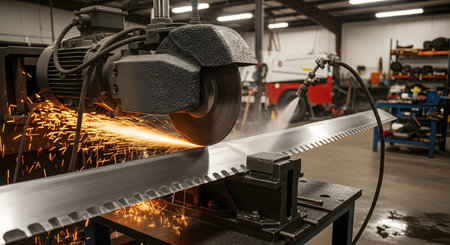 Machine showing industrial grinding machine sharpens giant saw blade emitting intense orange...