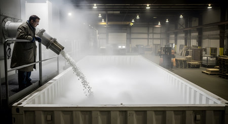 A man in a dark coat pours white pellets from a metal pipe into a large open container filled...