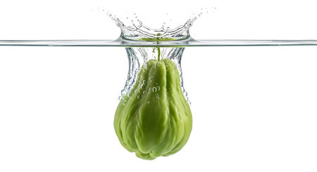 A green chayote squash is shown submerged in water, creating a dynamic splash and a trail of air...