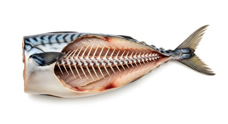 Fish showing mackerel fish cut in half showing internal skeleton and raw flesh on white...