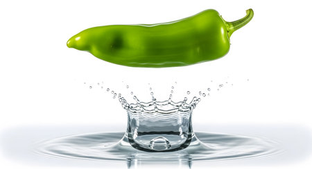 Crown showing green chili pepper splashing into clear water creating a crown splash and ripples...の写真素材