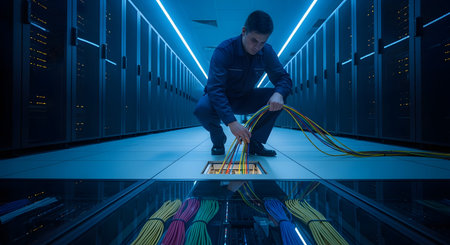 showing man in dark blue uniform crouches near open floor panel with network cables.