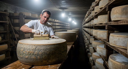 A man wearing white gloves and a white shirt brushes a large round cheese wheel in a dimly lit...